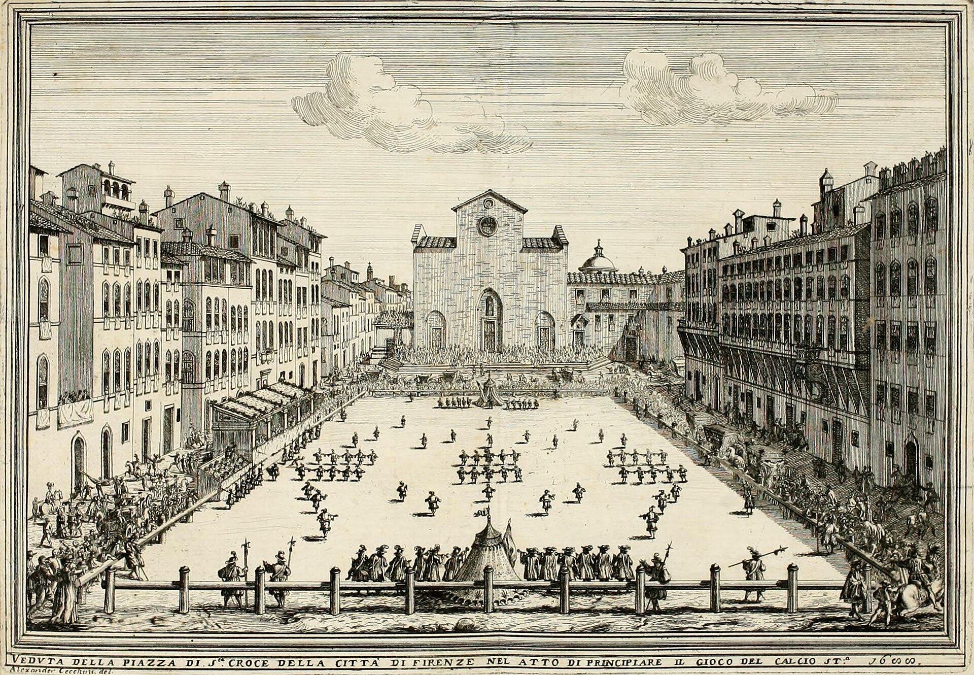 Incisione storica del 1688 raffigurante una partita di calcio fiorentino