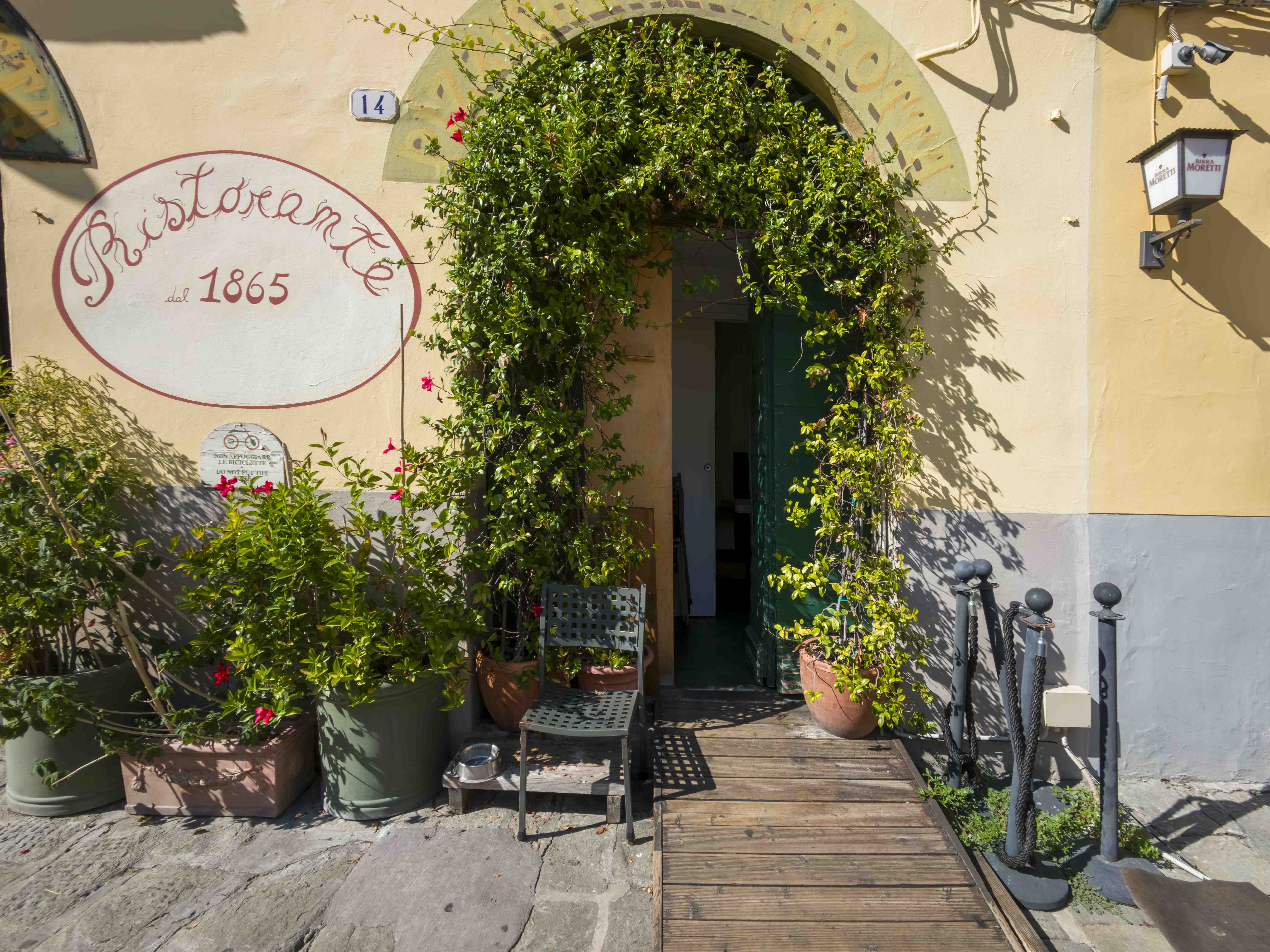 Ingresso di un ristorante storico a Lucca con insegna dal 1865 e piante rampicanti